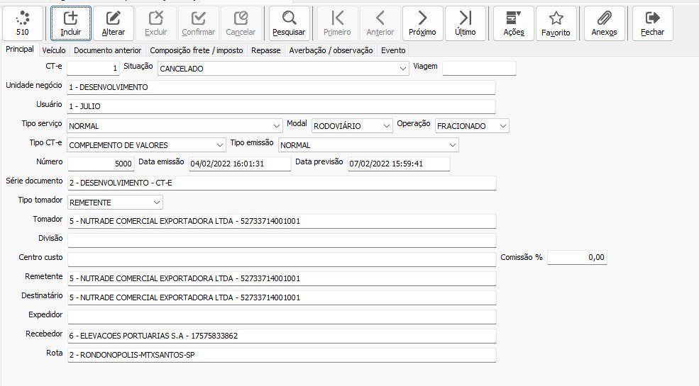 Tela de emissão de CT-e no sistema A3Soft